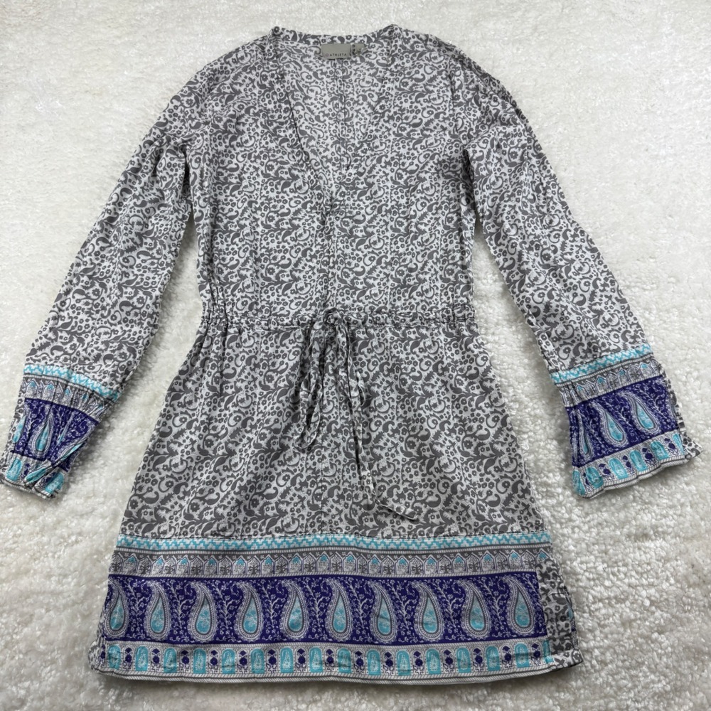 Athleta Laguna Coverup Women XS Grey Paisley Floral V-Neck Long Sleeve 413791